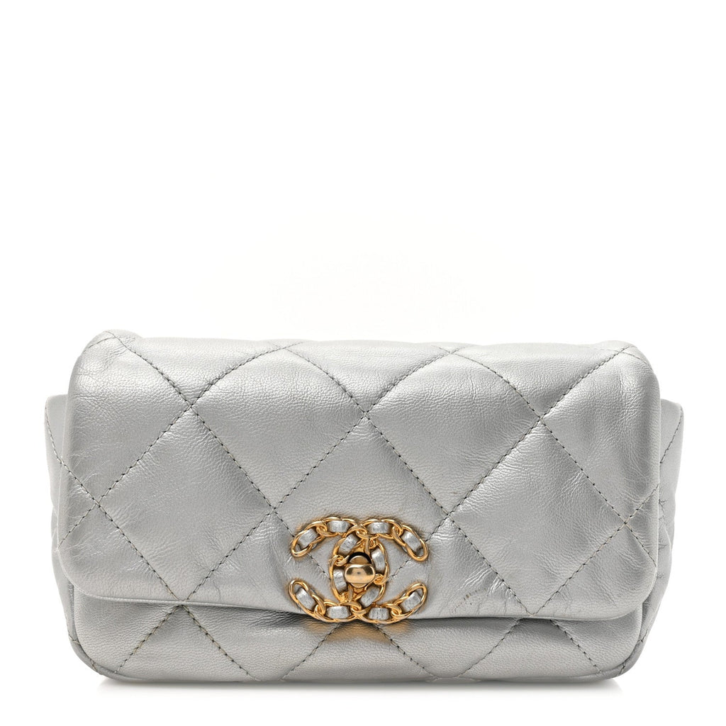 Metallic Goatskin Quilted Chanel 19 Waist Bag Silver