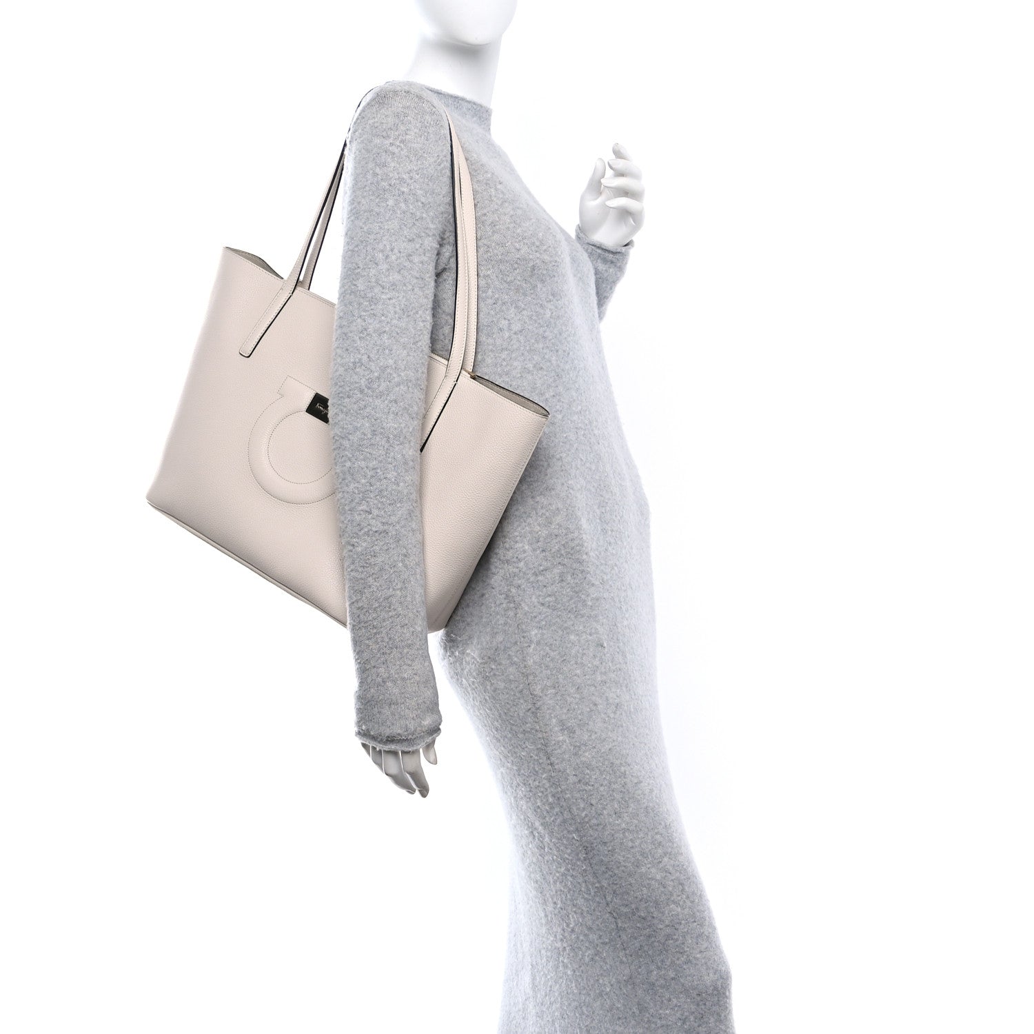 Grainy Calfskin Medium Gancini Tote Bone