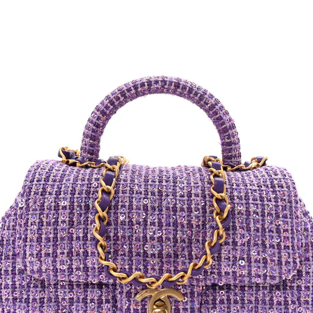 Tweed Sequin Quilted Baywatch Top Handle Flap Purple Silver Light Purple