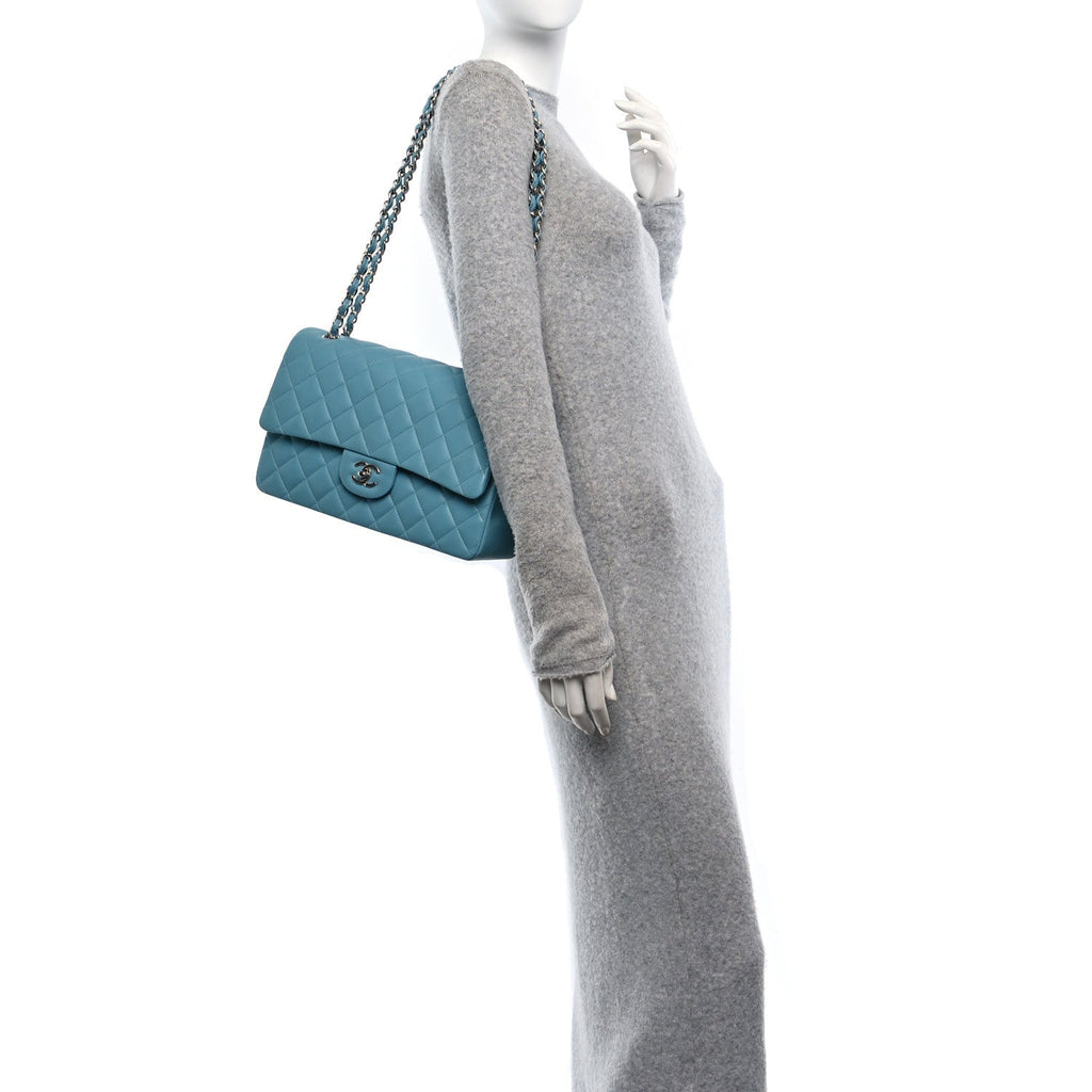Lambskin Quilted Jumbo Double Flap Blue