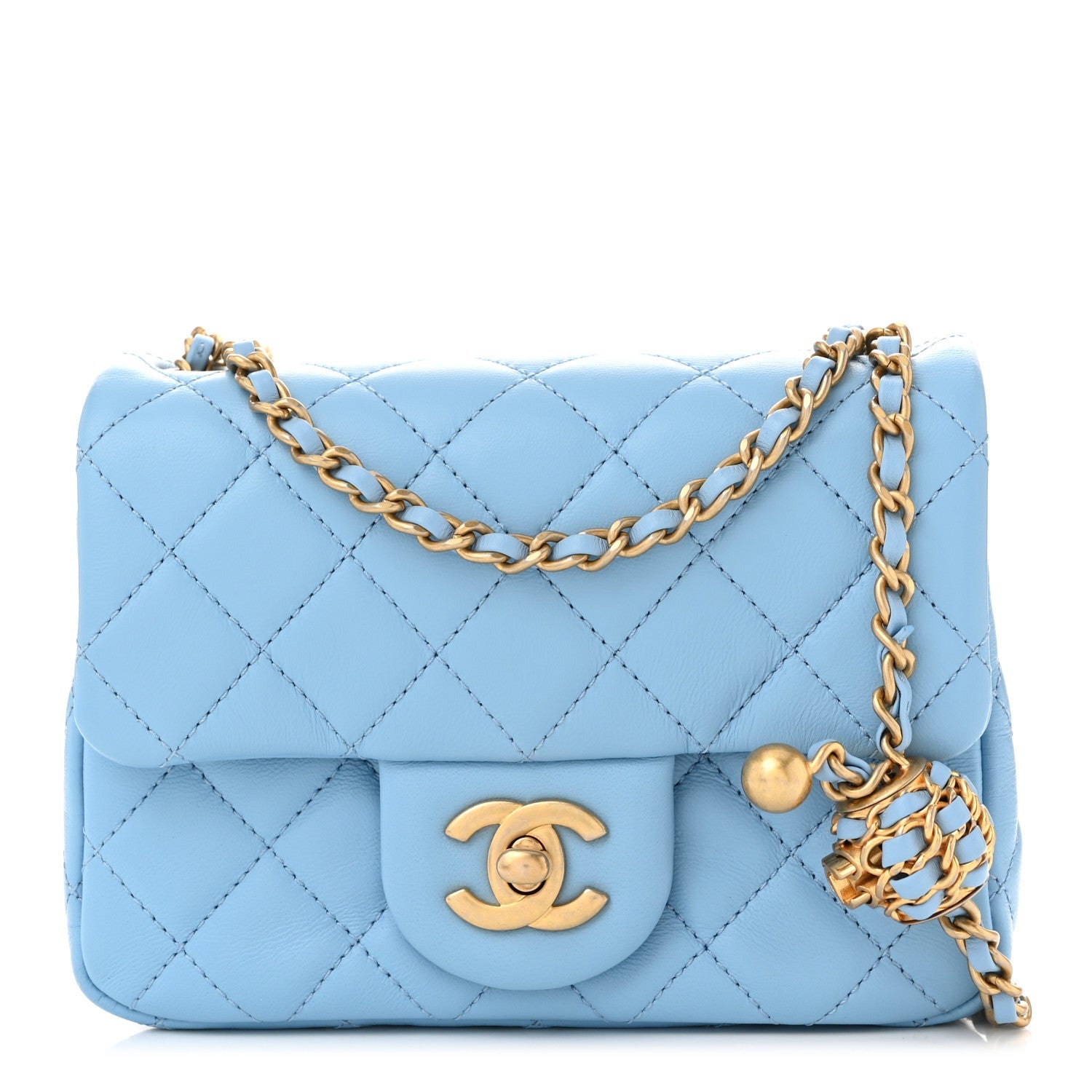 Lambskin Quilted Mini Pearl Crush Flap Light Blue