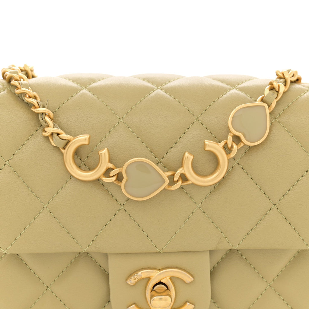 Lambskin Enamel Quilted Mini Coco Hearts Square Flap Light Green