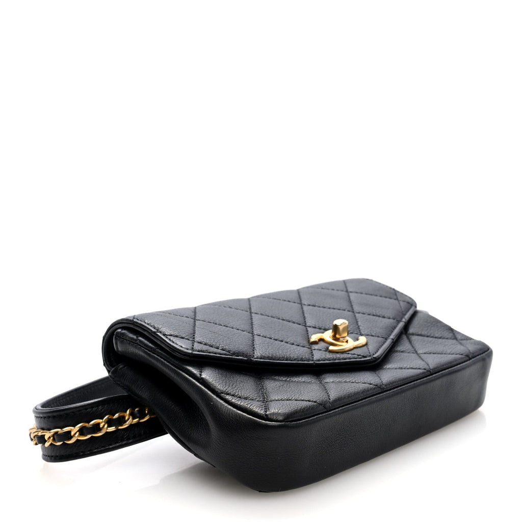 Calfskin Quilted Flap Waist Bag Black