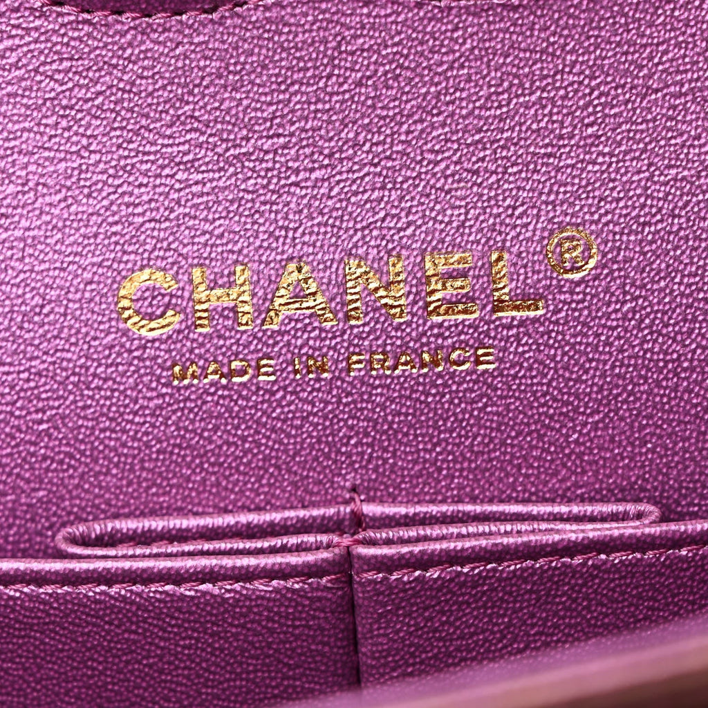 Iridescent Lambskin Quilted Medium Double Flap Purple