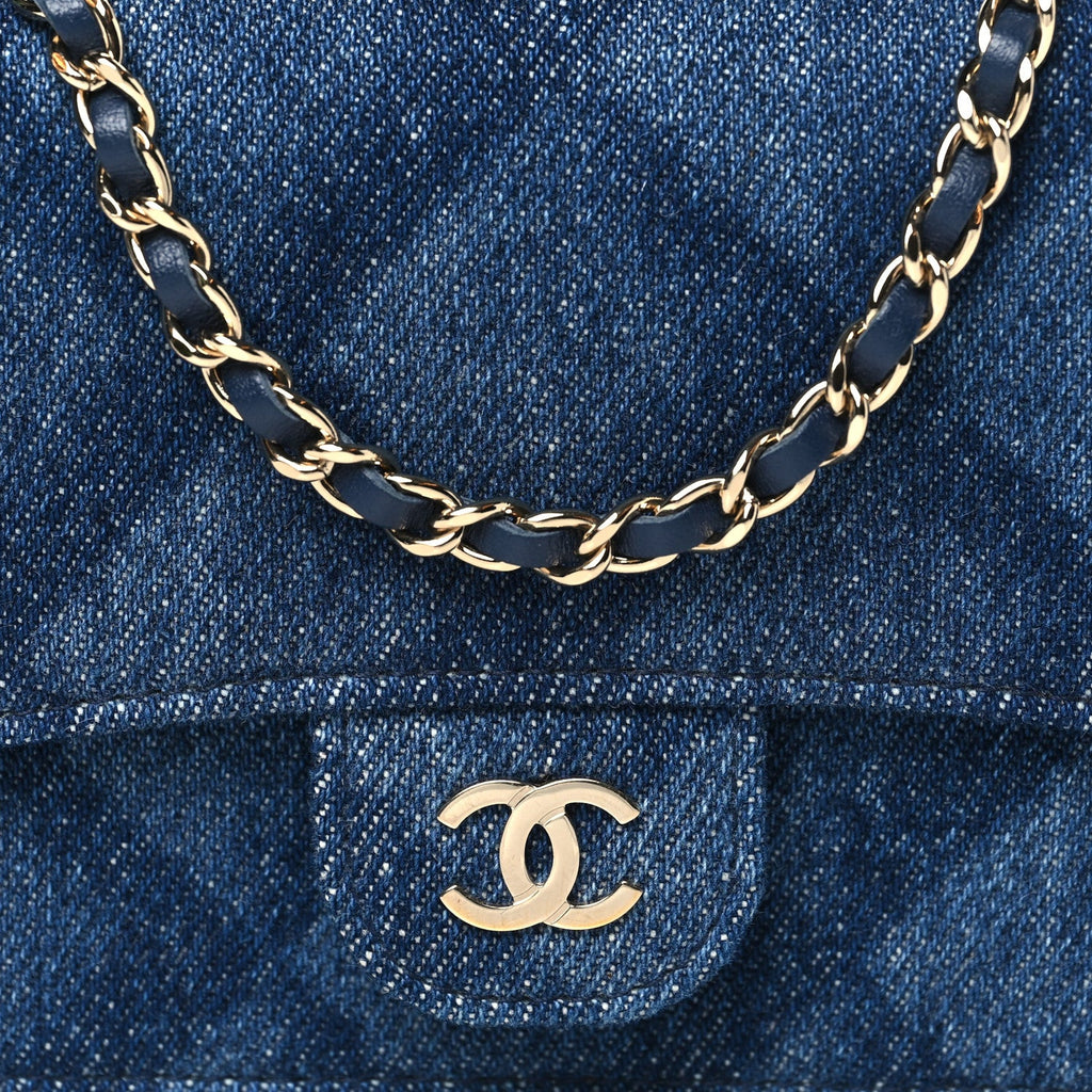 Printed Denim Quilted  Holder On Chain  Dark Blue