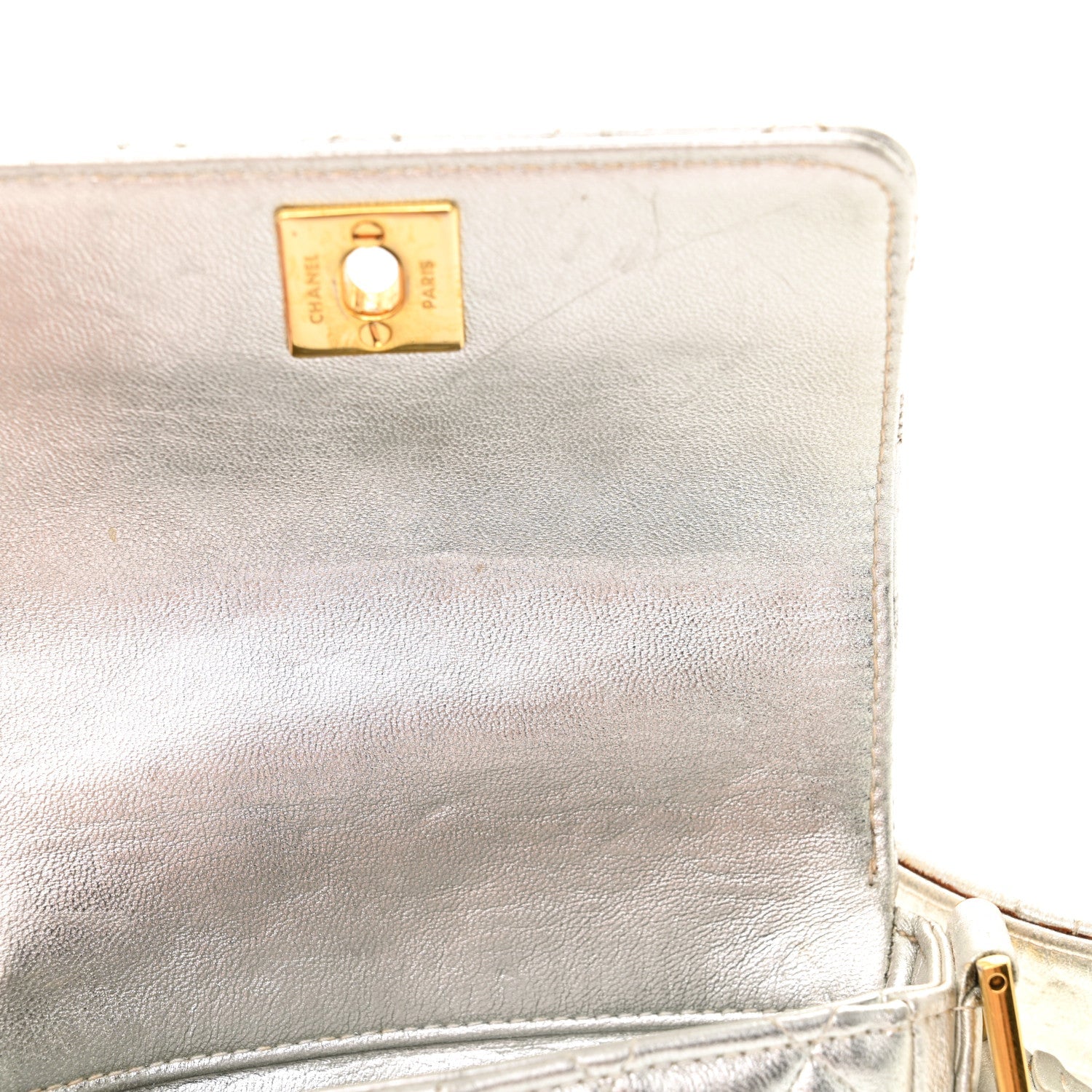 Metallic Goatskin Quilted Square Flap Shoulder Bag Silver