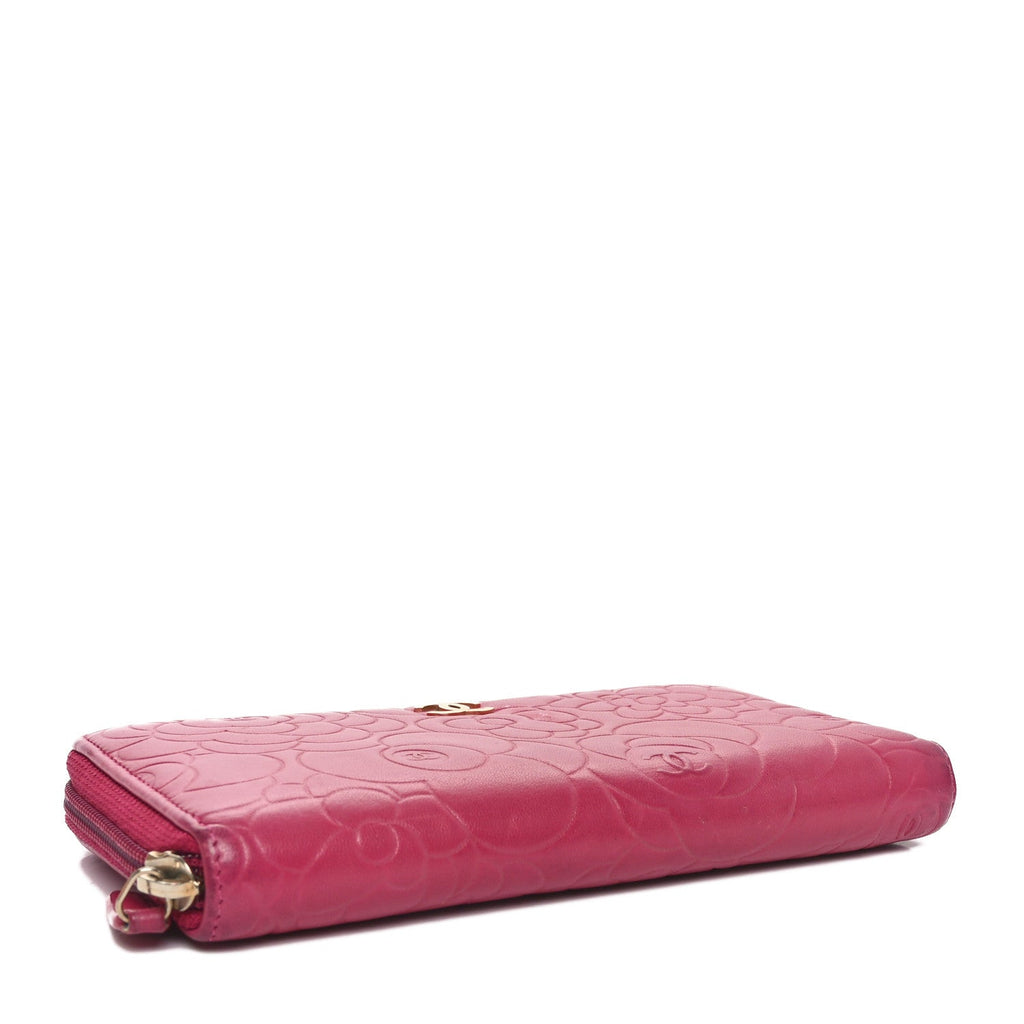 Lambskin Camellia Embossed Large Gusset Zip Around Wallet Fuchsia