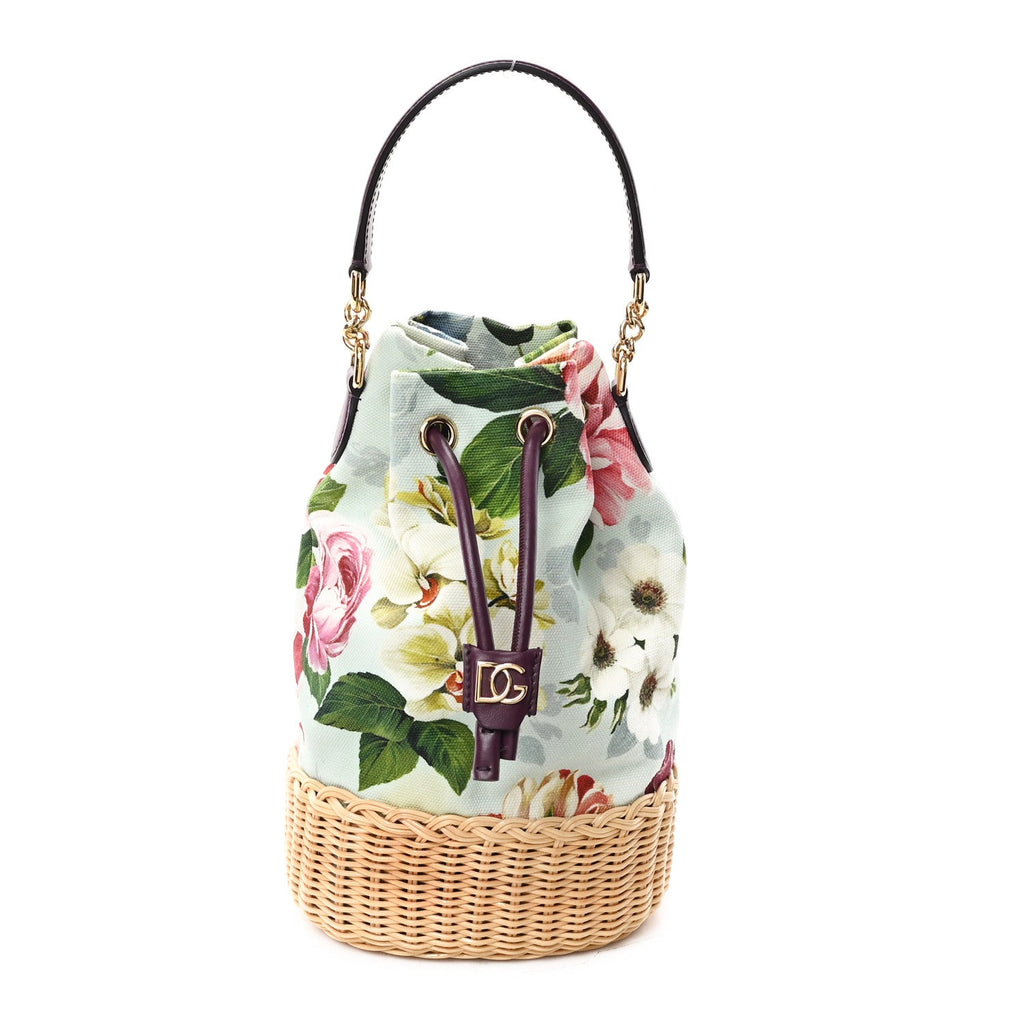 Wicker Canvas Floral Print Millennials Bucket Bag Multicolor