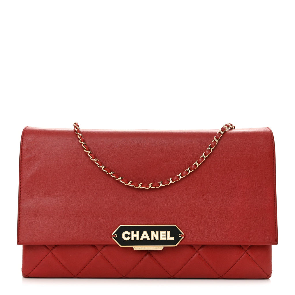 Lambskin Quilted Retro Label Clutch Red