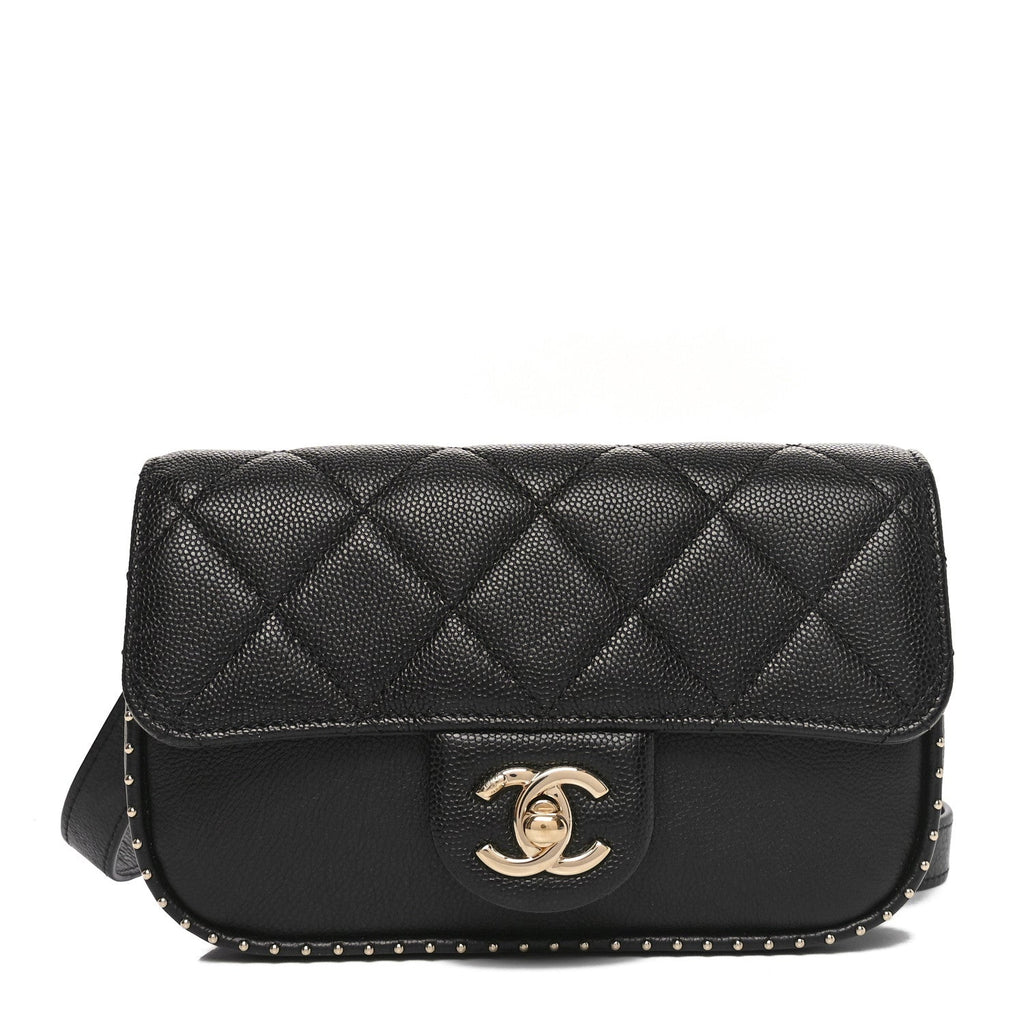 Caviar Quilted Studded Flap Waist Bag Black