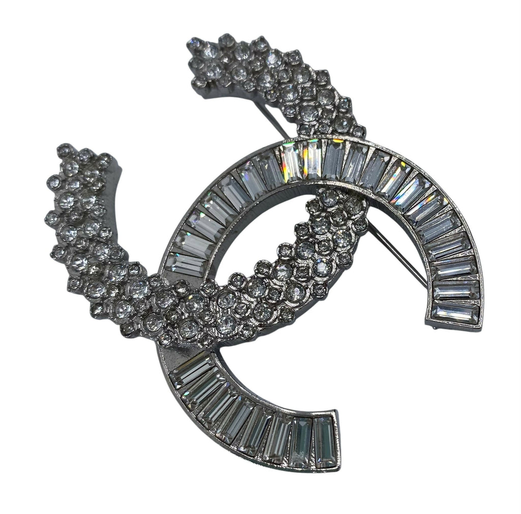 Chanel 2019 Large Silver Crystal Embellished CC Brooch
