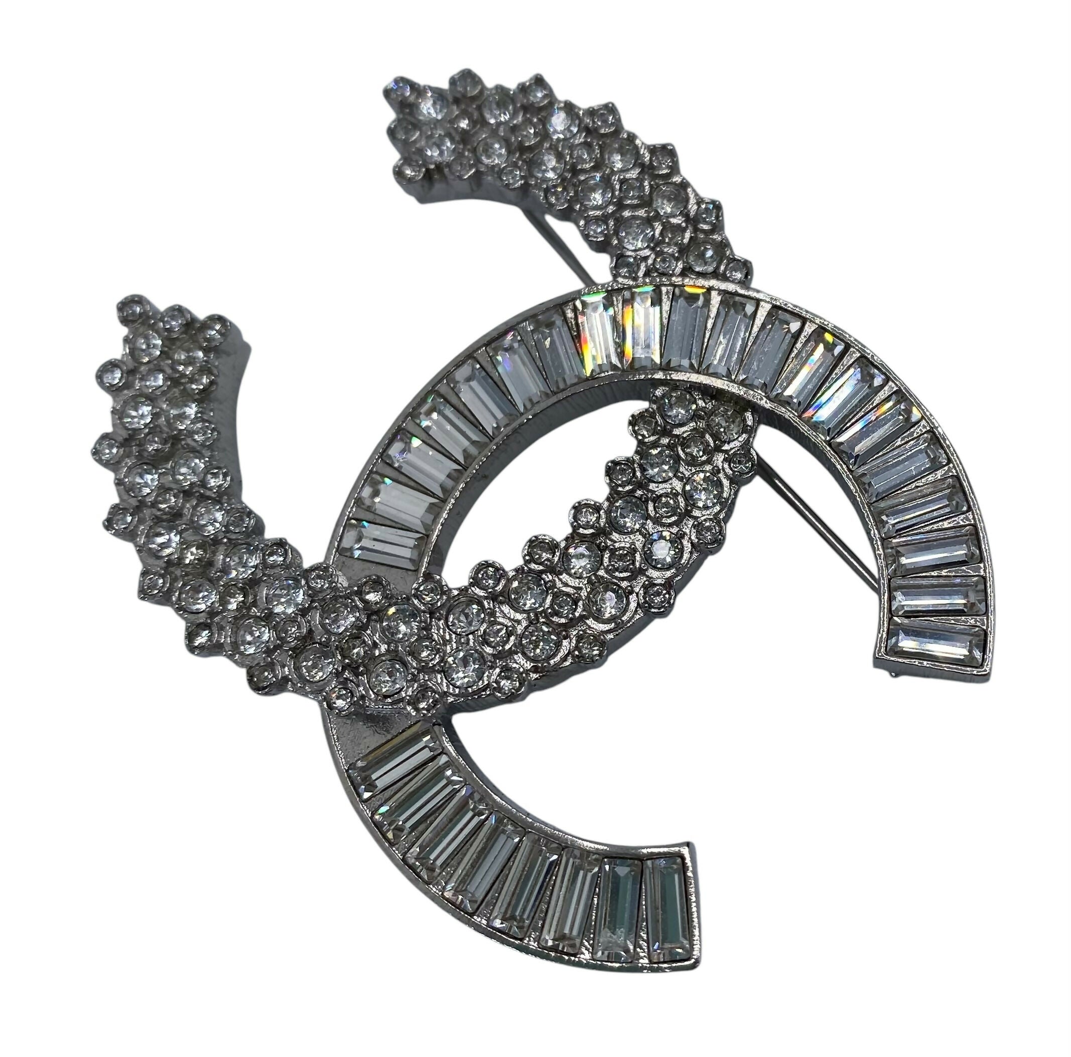 Chanel 2019 Large Silver Crystal Embellished CC Brooch