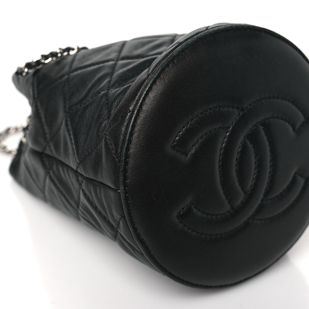 Lambskin Quilted CC Drawstring Bucket Bag Black