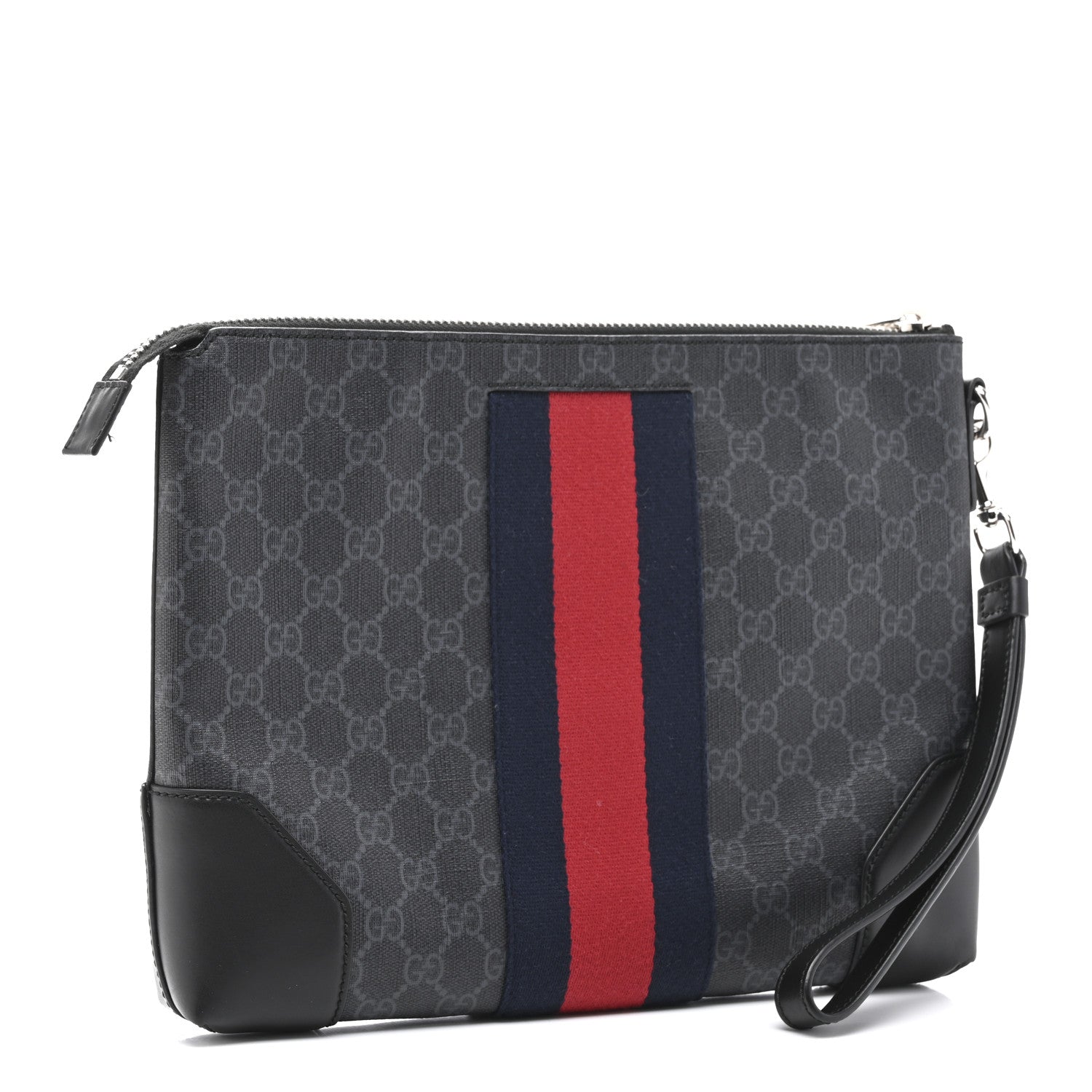 GG Supreme Monogram Calfskin Web Flat Wristlet Black Grey