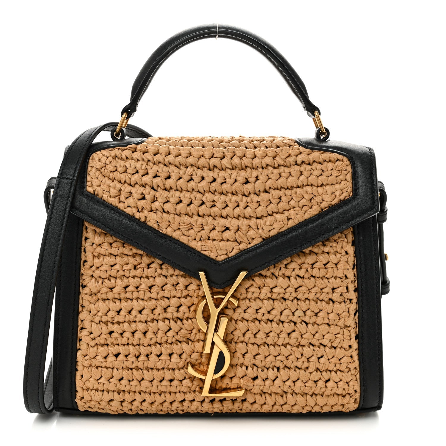 Raffia Calfskin Mini Classic Monogram Cassandra Top Handle Black Natural