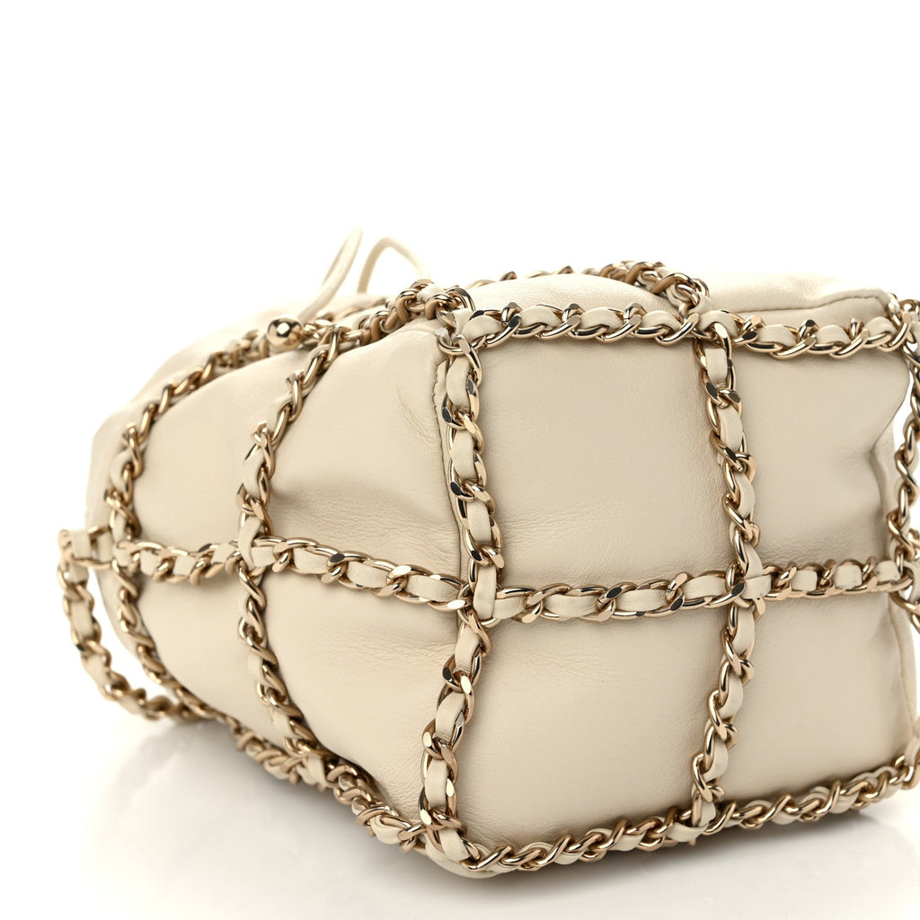 Lambskin Bucket Chain Drawstring Bag Beige
