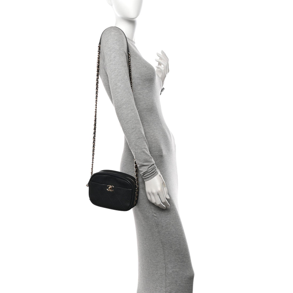 Goatskin Quilted Small Casual Trip Camera Case Black