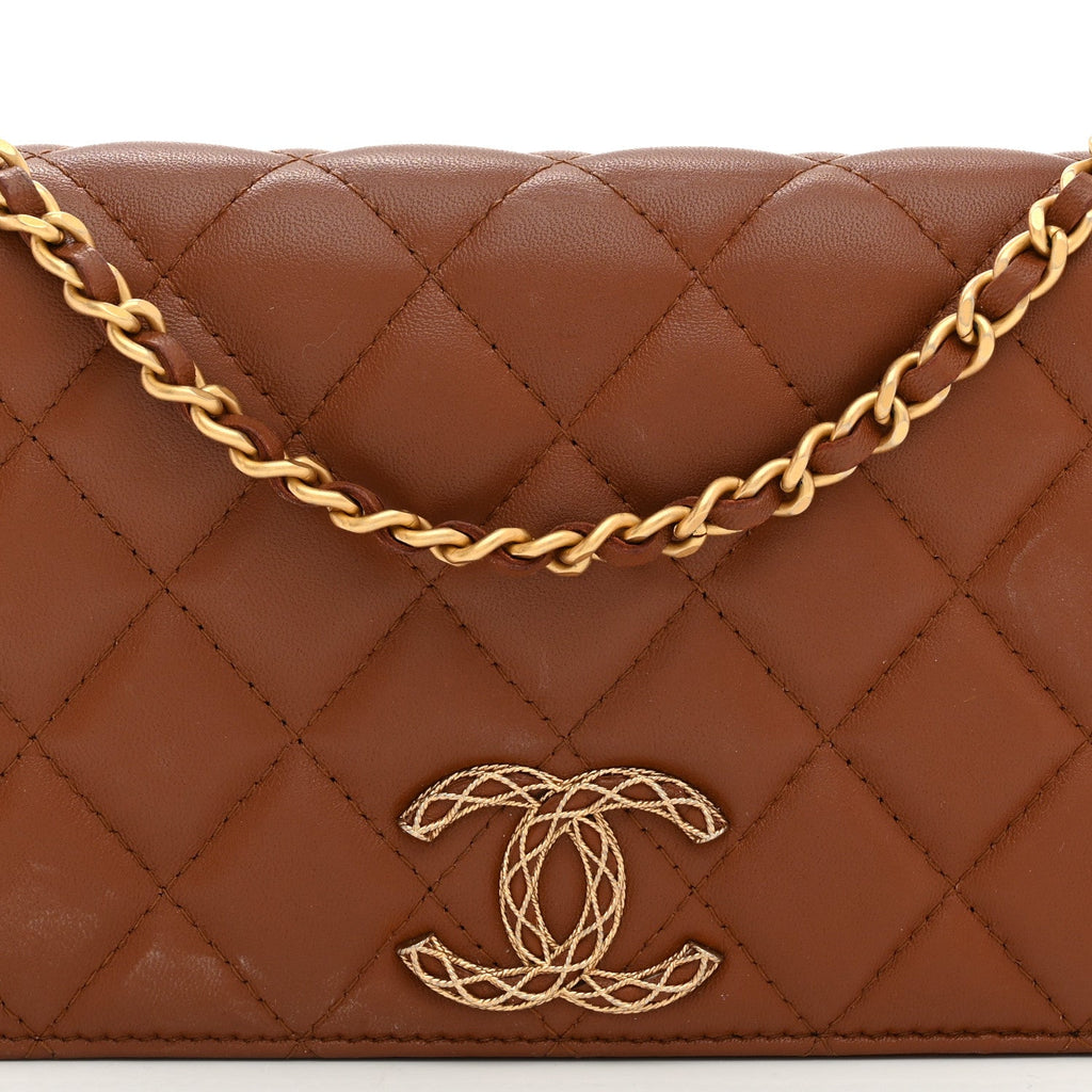 Lambskin Quilted Clutch With Chain Brown