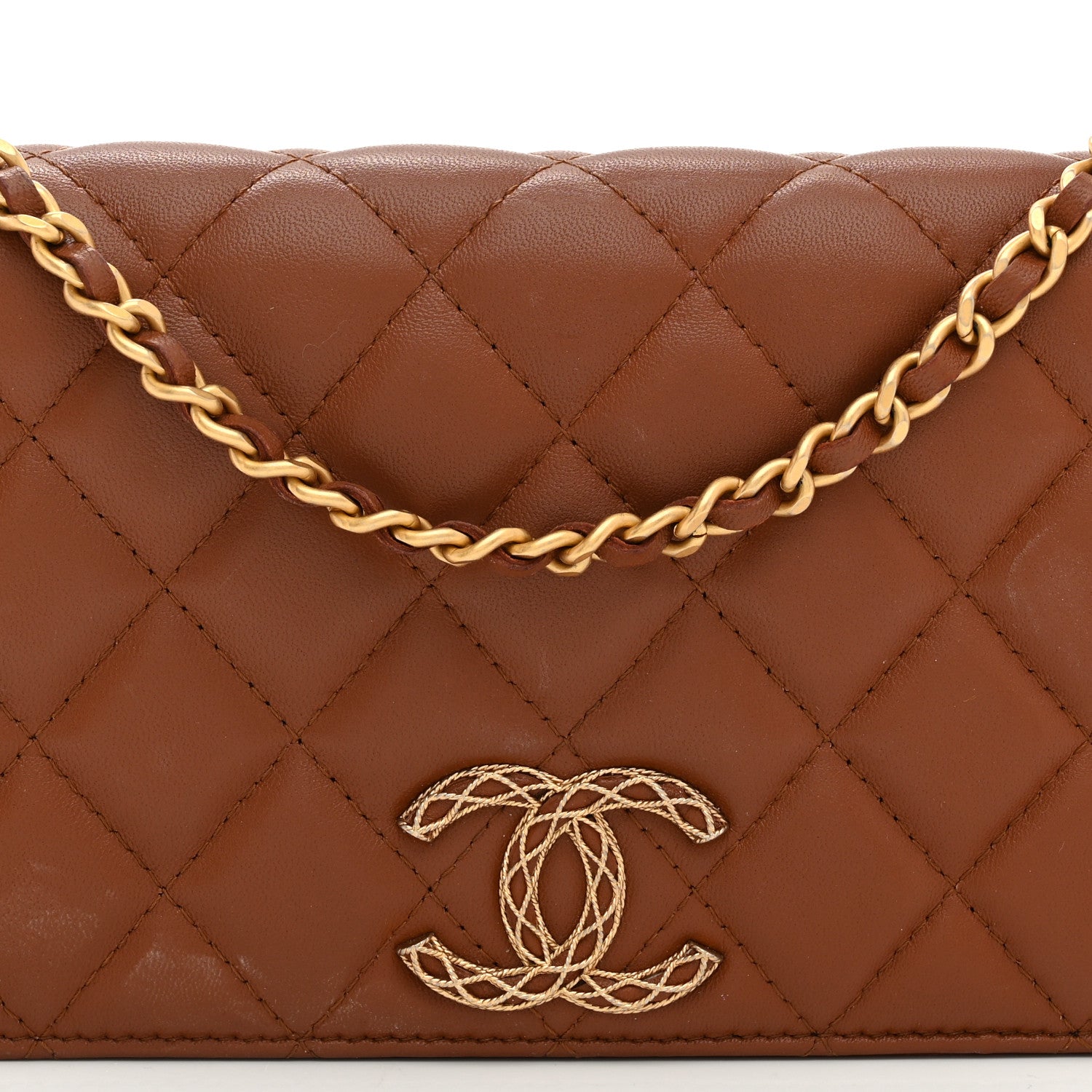 Lambskin Quilted Clutch With Chain Brown