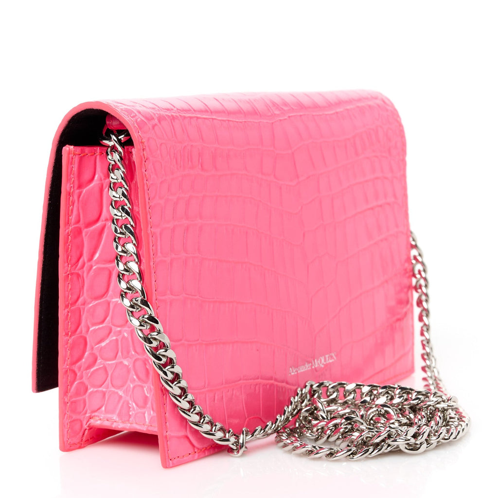 Calfskin Crocodile Embossed Skull Mini Crossbody Bag Neon Pink