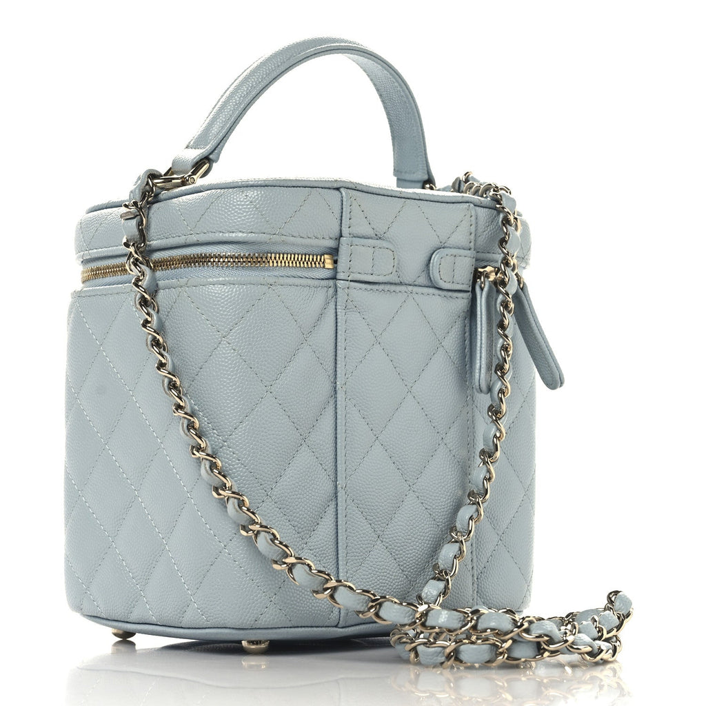 Caviar Quilted Small Top Handle Vanity Case With Chain Light Blue