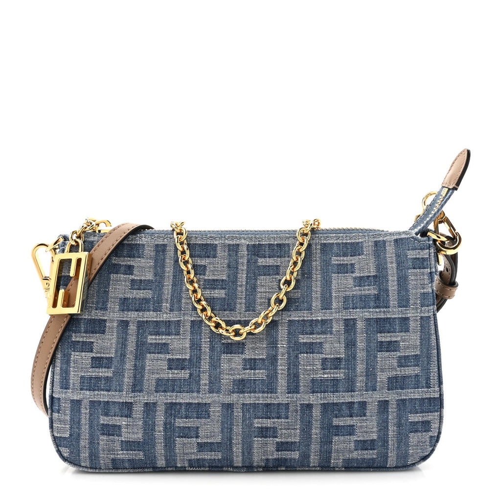 Denim Vitello King F is Fendi FF Embroidered Baguette Pouch Denim Sand