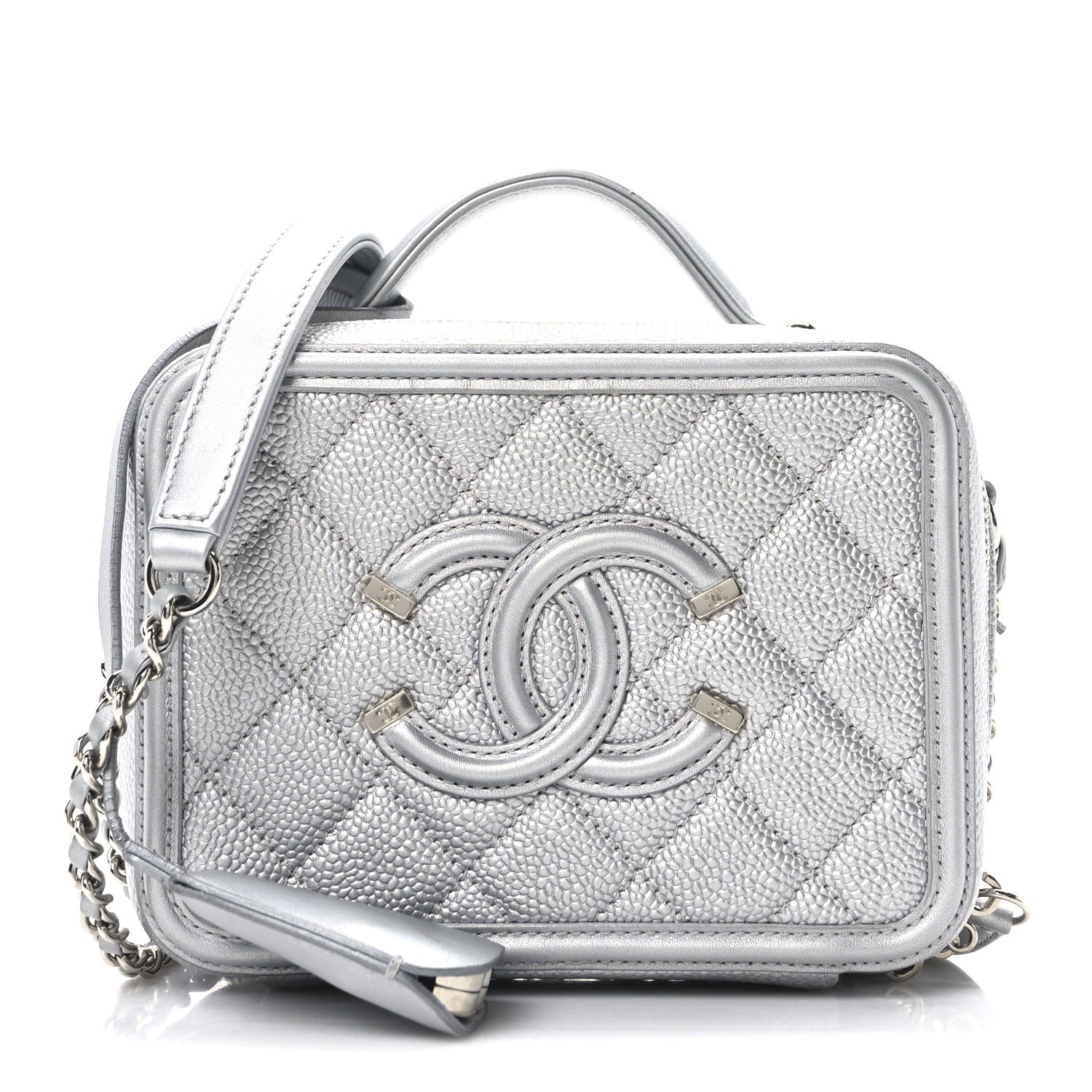 Metallic Caviar Quilted Small CC Filigree Vanity Case Silver