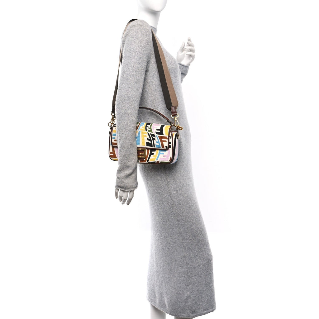 X SARA COLEMAN Canvas Vitello King Seta FF Fish Eye Embroidered Baguette Grezzo Multicolor Ghianda