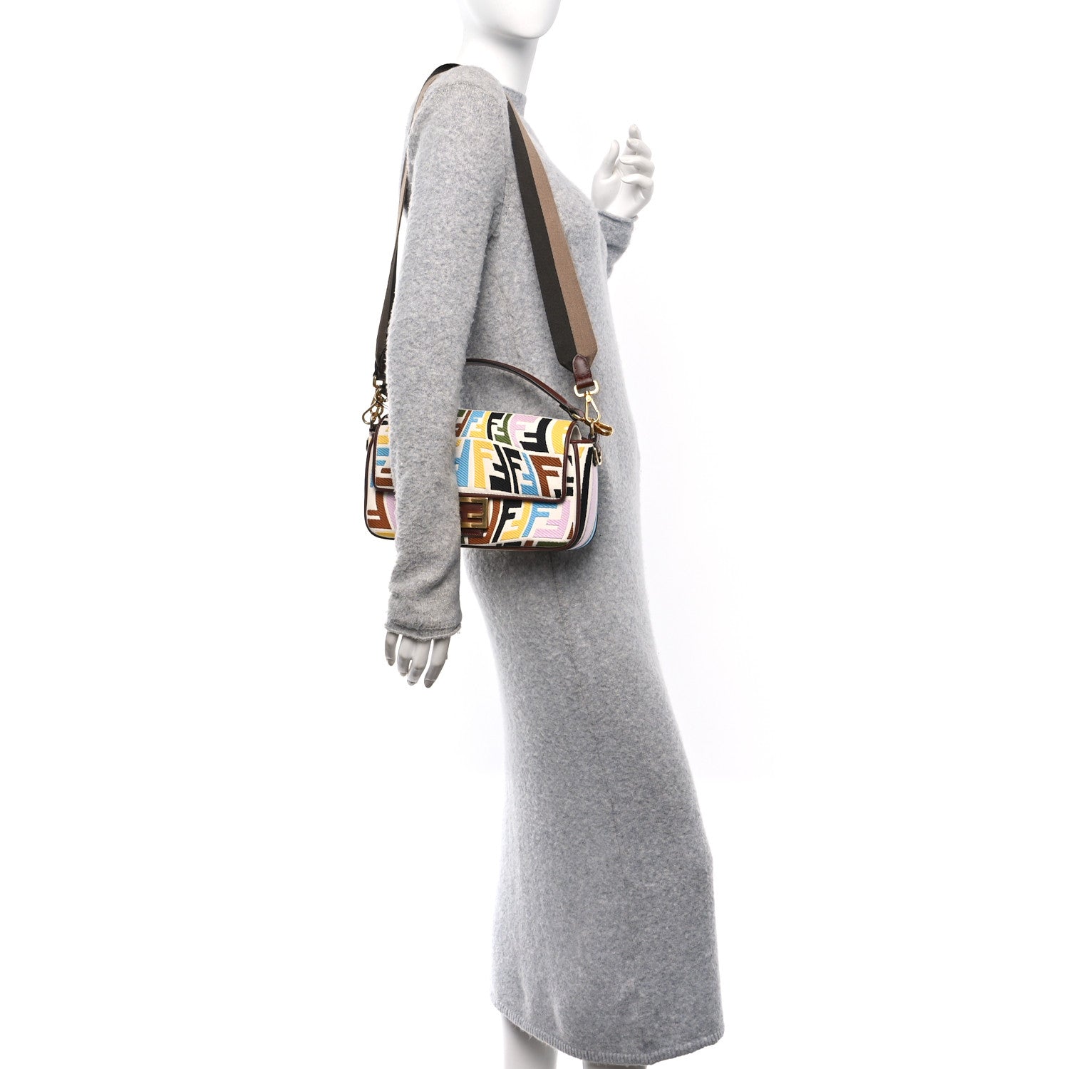 X SARA COLEMAN Canvas Vitello King Seta FF Fish Eye Embroidered Baguette Grezzo Multicolor Ghianda