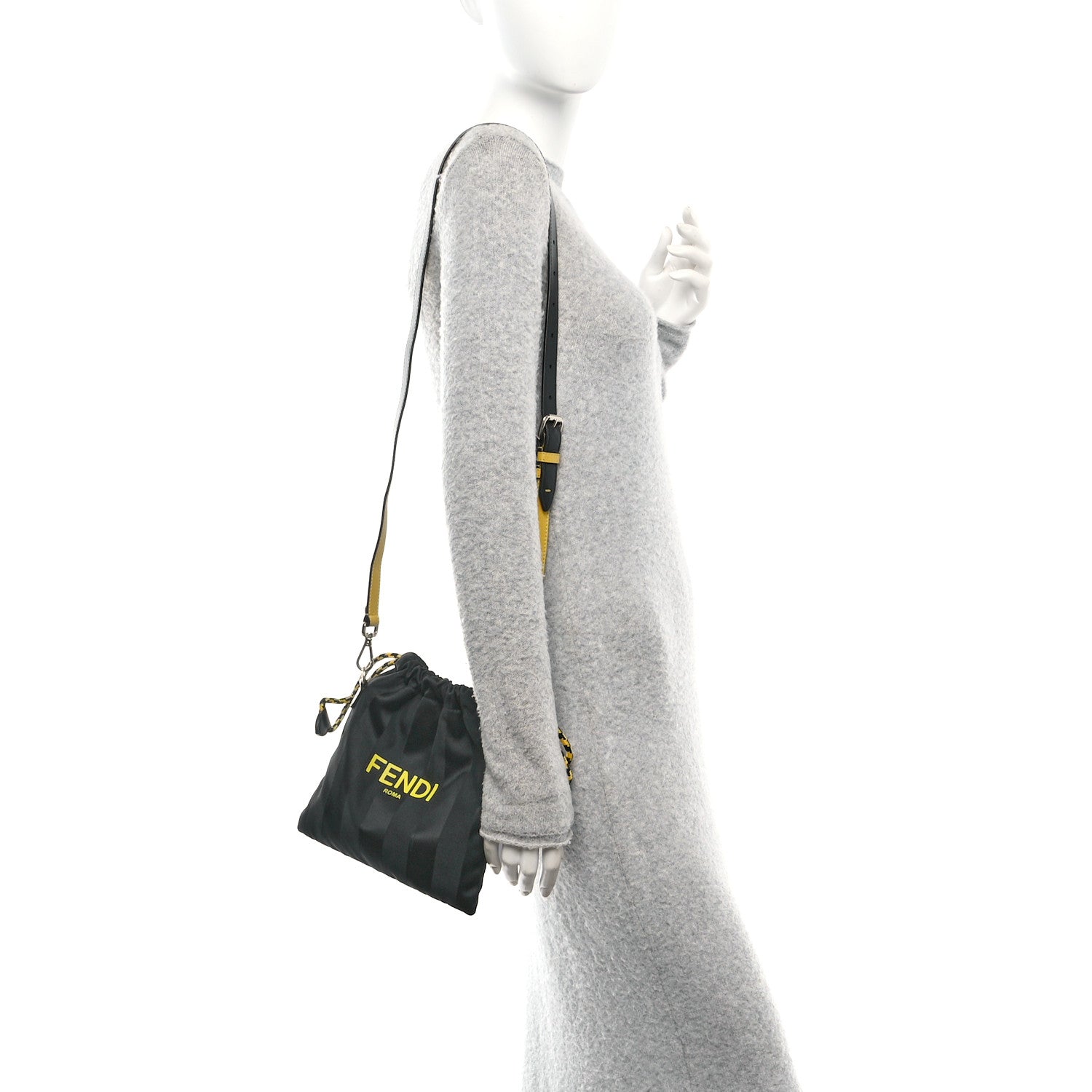 Recycled Nylon Vitello Grace Light Pequin Small Saint Fendi Roma Drawstring Pouch Black Sunflower