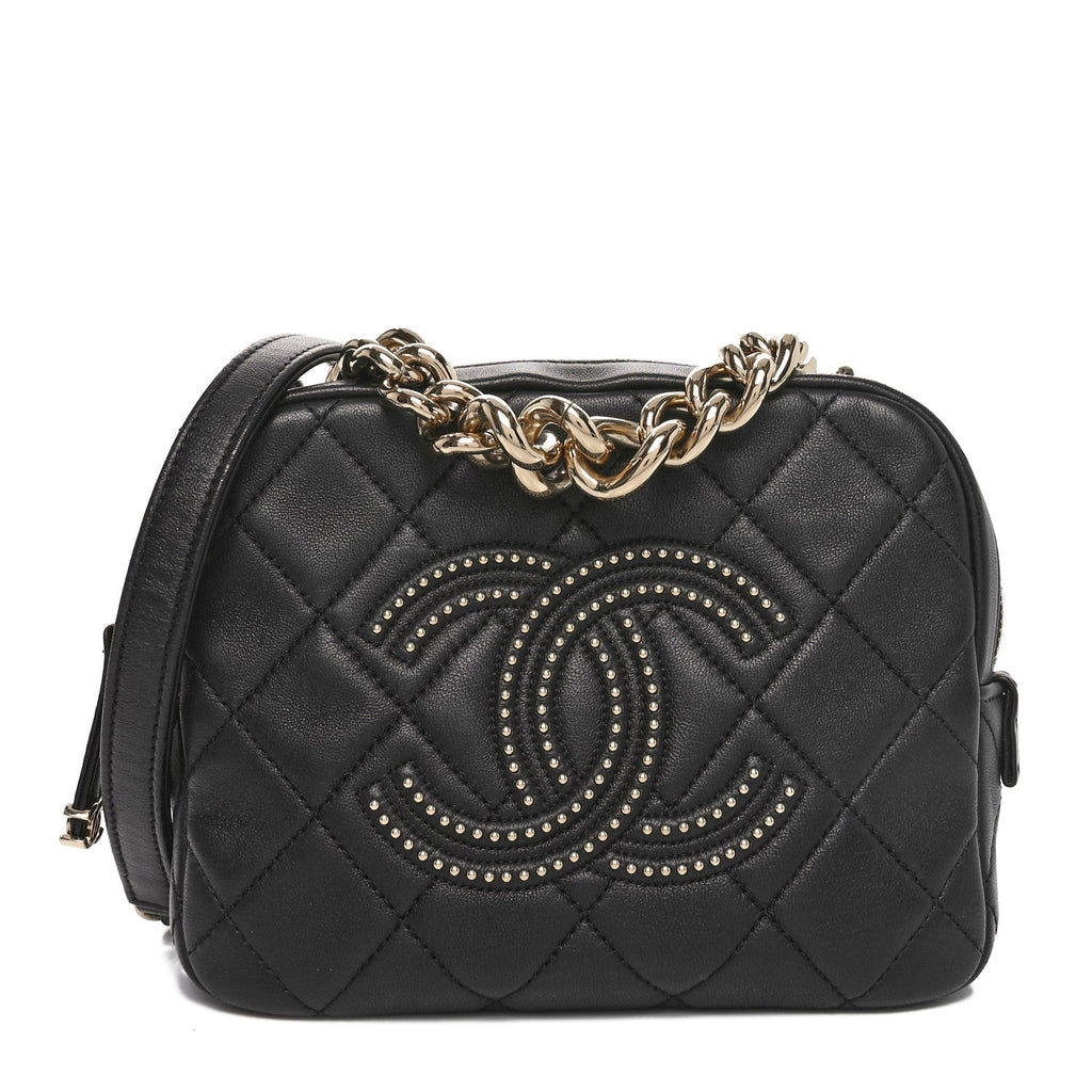 Lambskin Quilted Studded Quilted Vanity Case With Chain Black