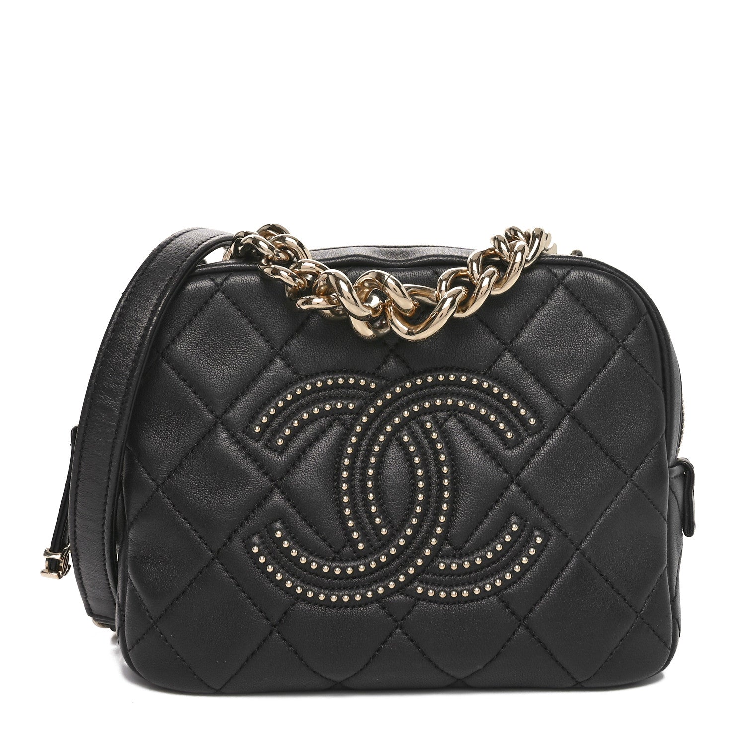 Lambskin Quilted Studded Quilted Vanity Case With Chain Black