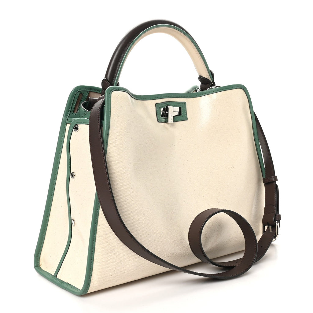 Vitello Seta Century Nappa Canvas Medium Peekaboo Iconic Defender Satchel Moresco Verde Islanda