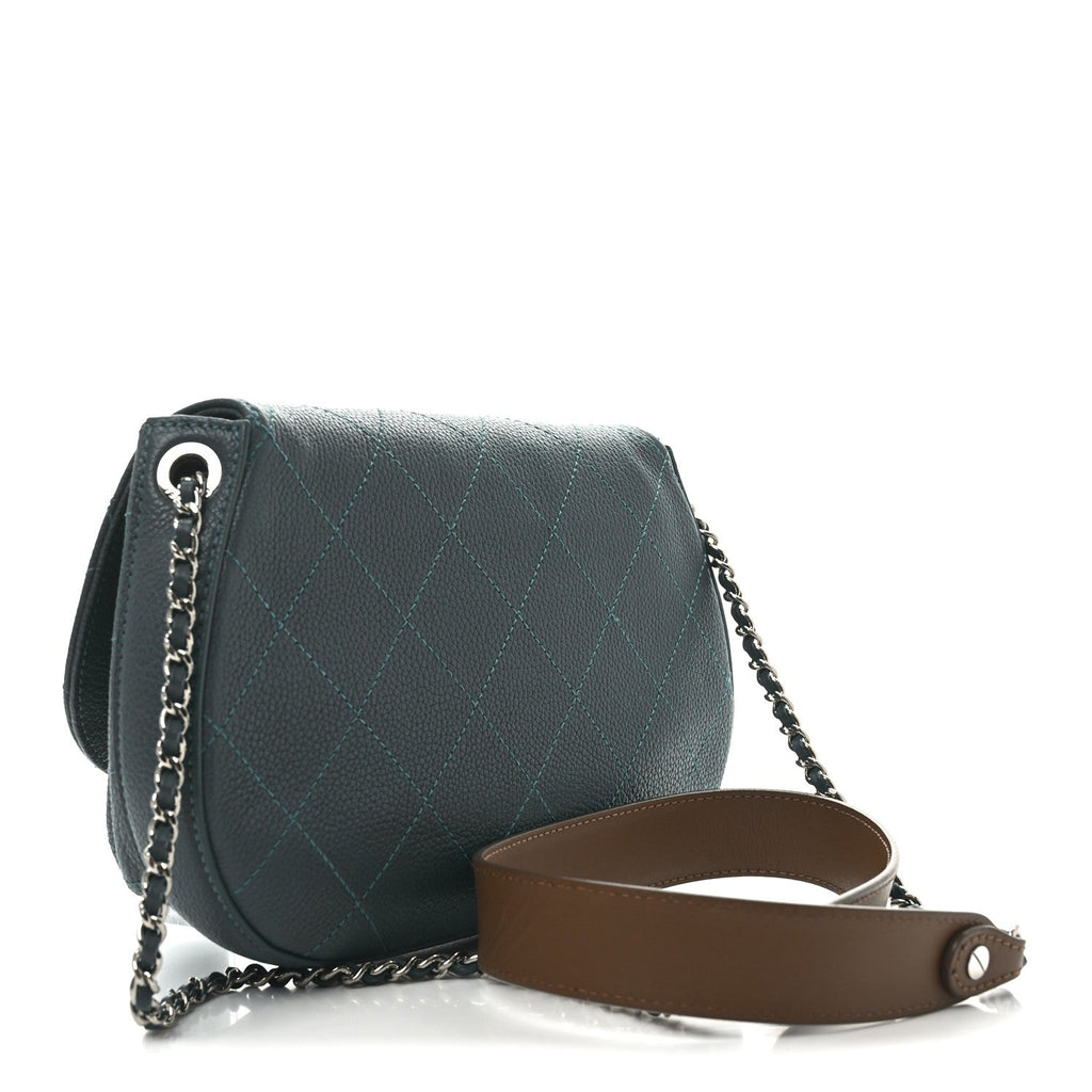 Grained Calfskin Stitched Small Messenger Flap Bag Teal