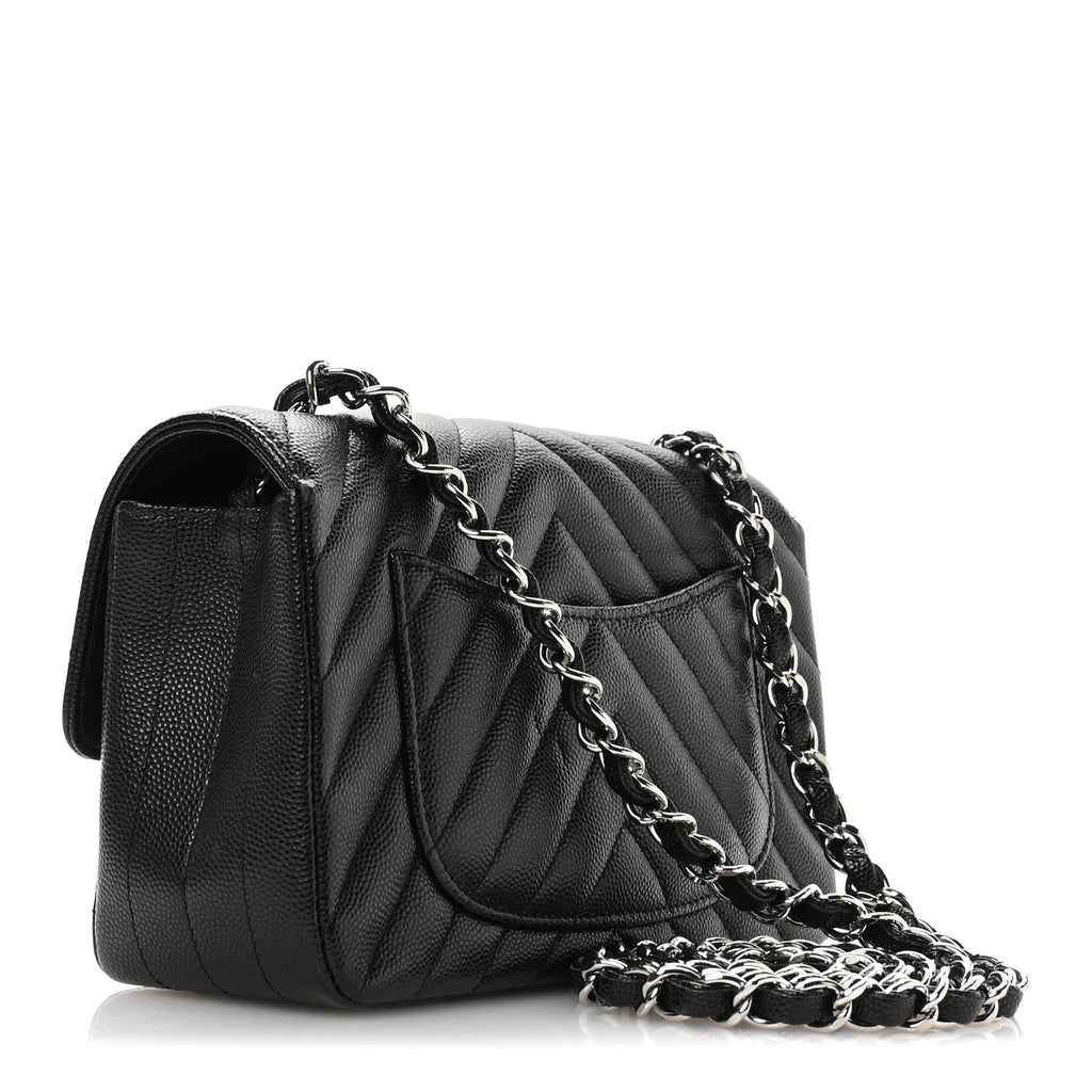 Caviar Chevron Quilted Mini Rectangular Flap Black