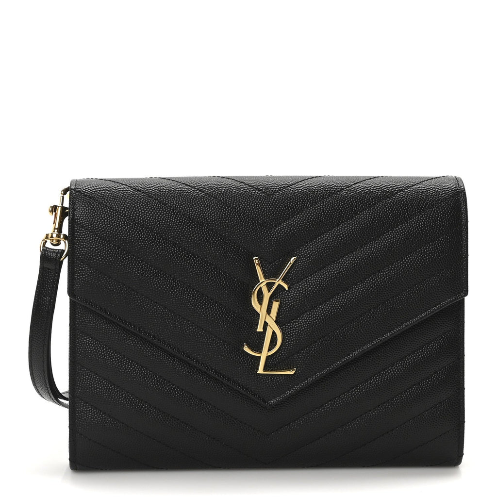 Grain De Poudre Matelasse Chevron Monogram Envelope Clutch Black