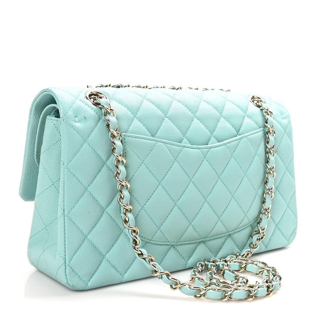 Caviar Quilted Medium Double Flap Light Blue