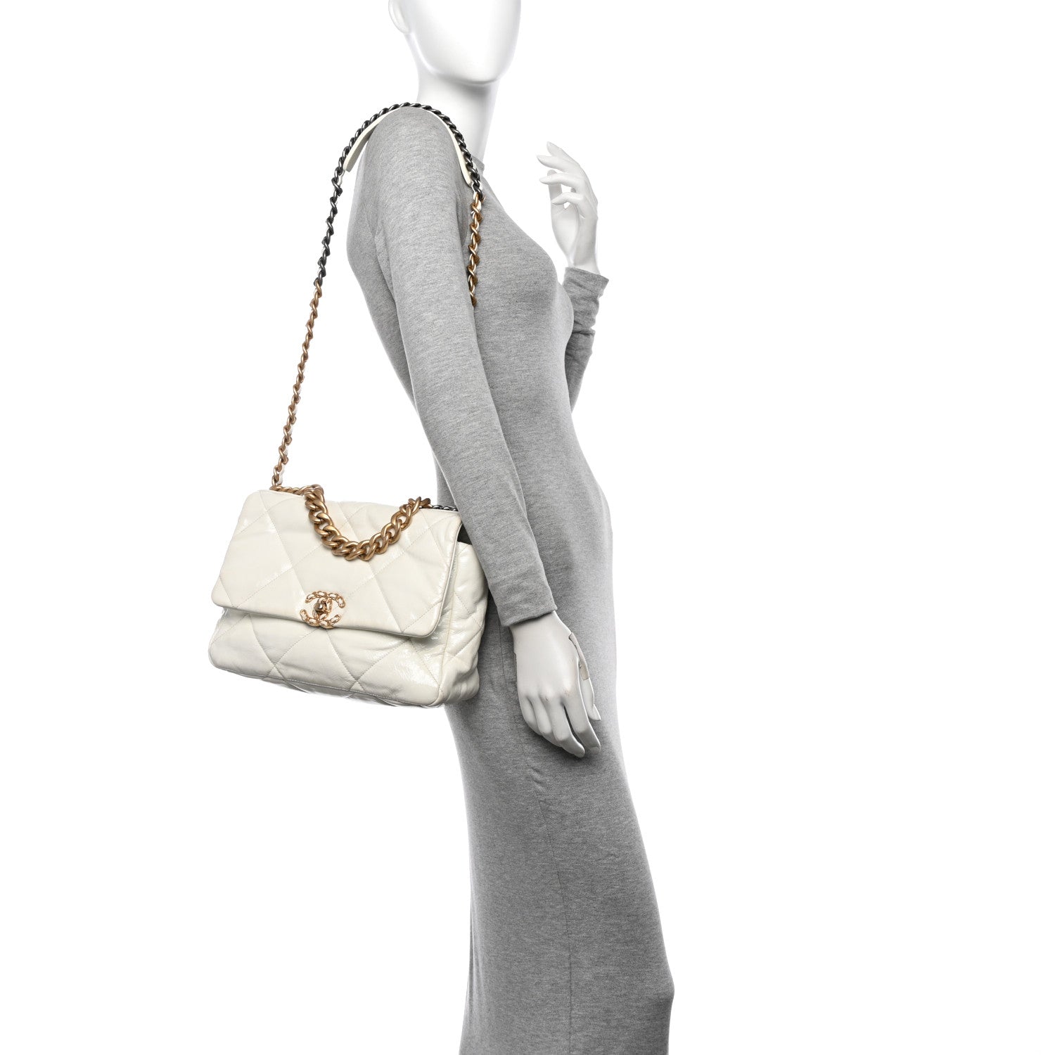 Shiny Crumpled Calfskin Quilted Medium Chanel 19 Flap White