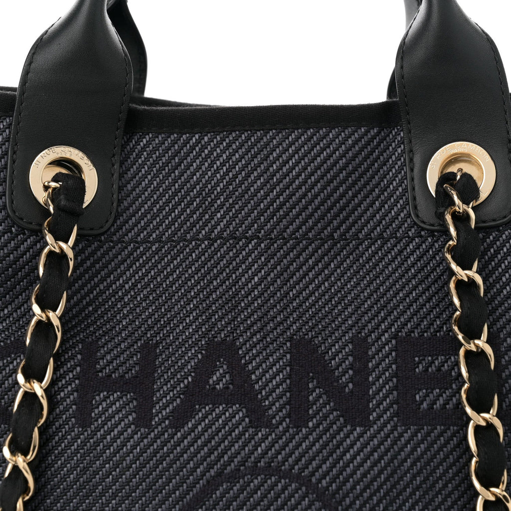 Mixed Fibers Calfskin Striped Medium Deauville Tote Black Black
