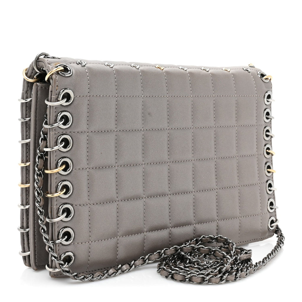 Lambskin Chocolate Bar Piercing CC Studded Small Chain Flap Bag Grey