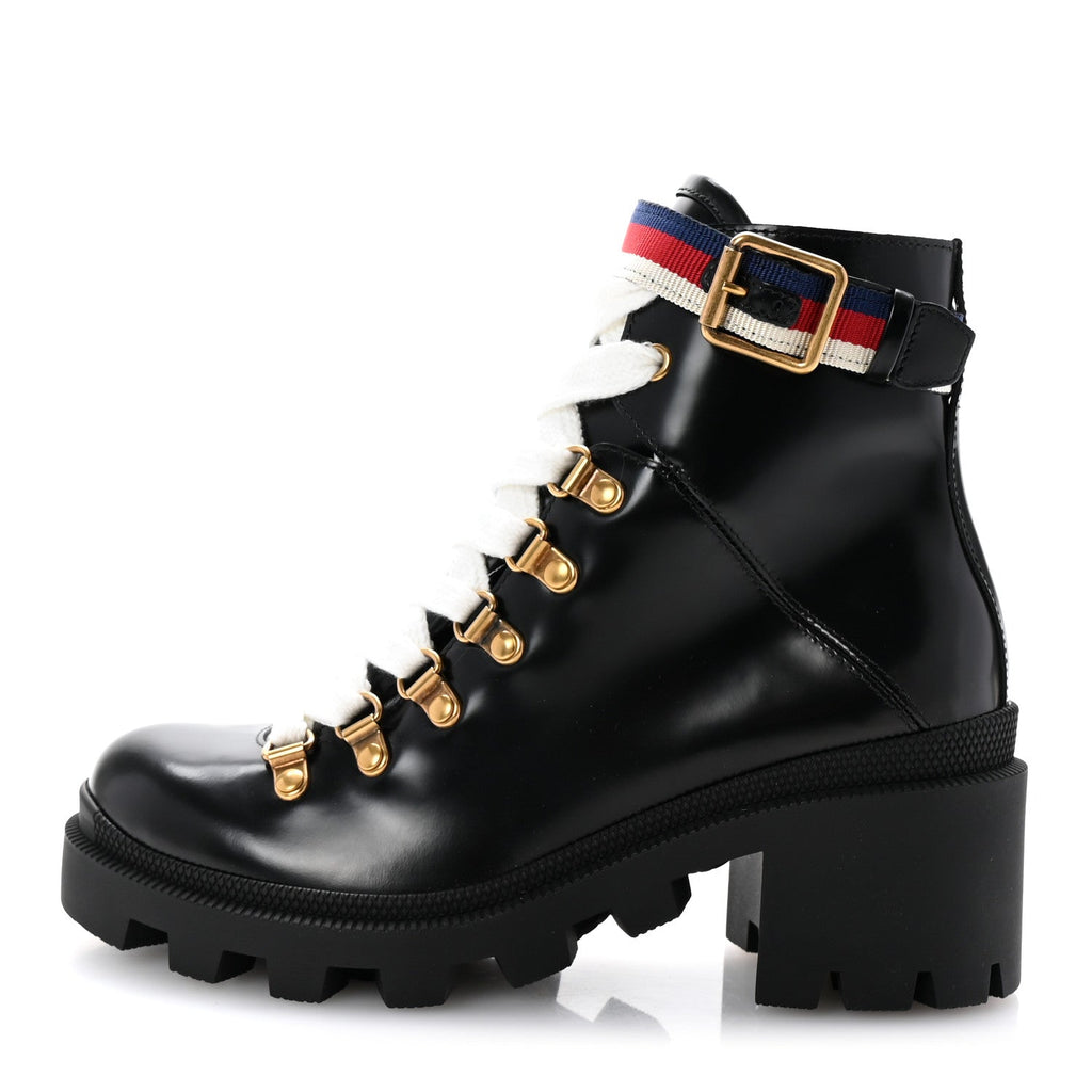 Calfskin Sylvie Web Lace Up Combat Boots 35 Black