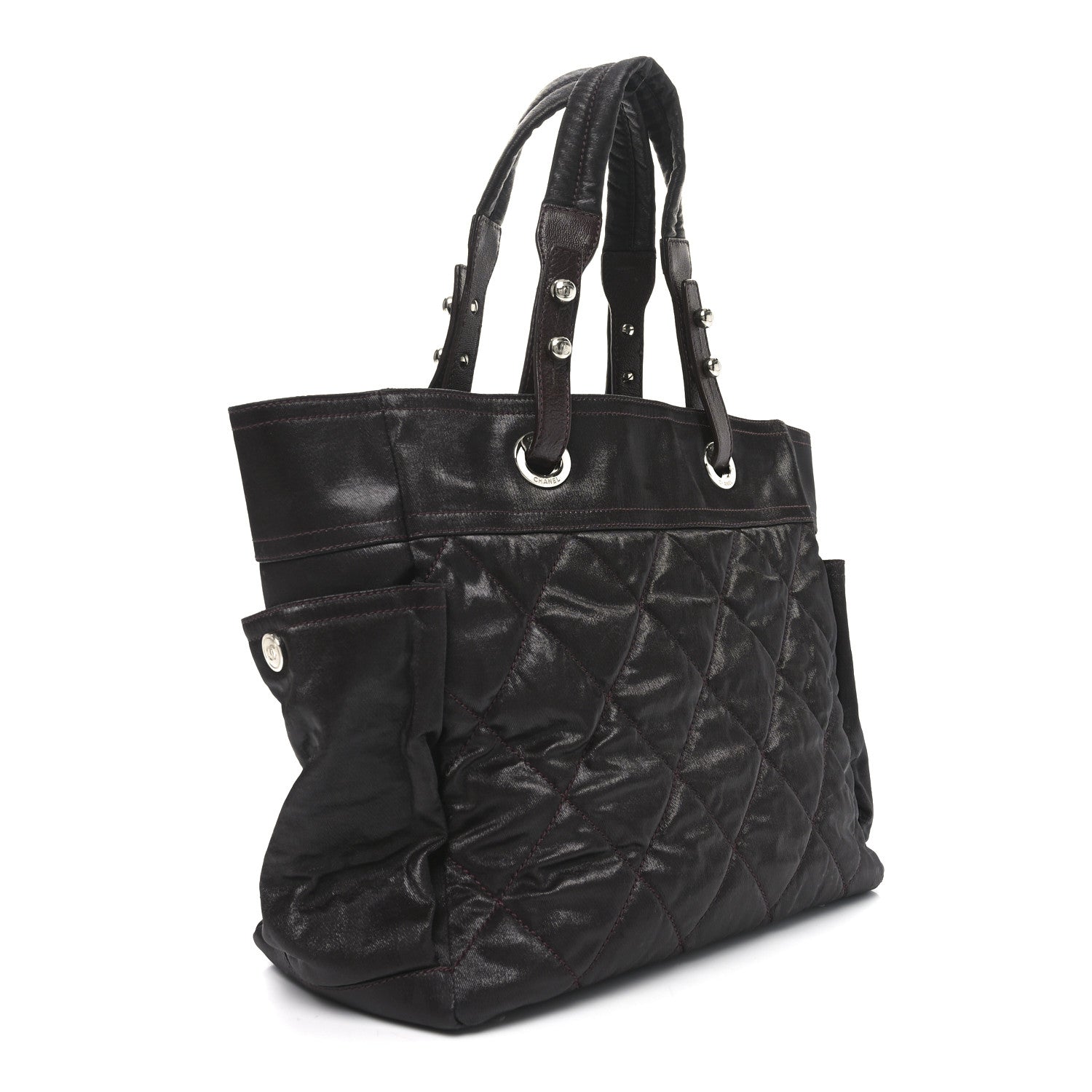 Metallic Coated Canvas Quilted Large Paris Biarritz Tote Dark Brown