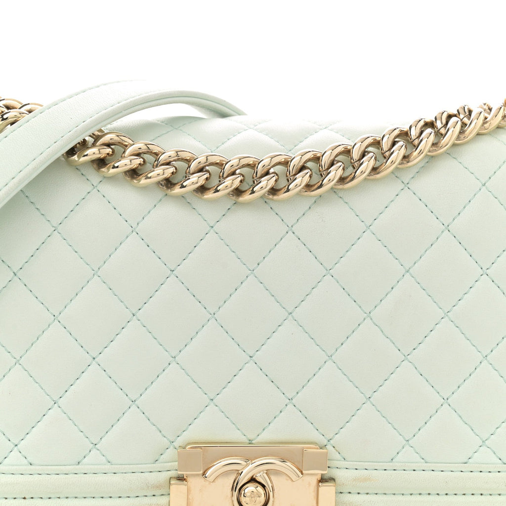 Lambskin Quilted Medium Boy Flap Light Green