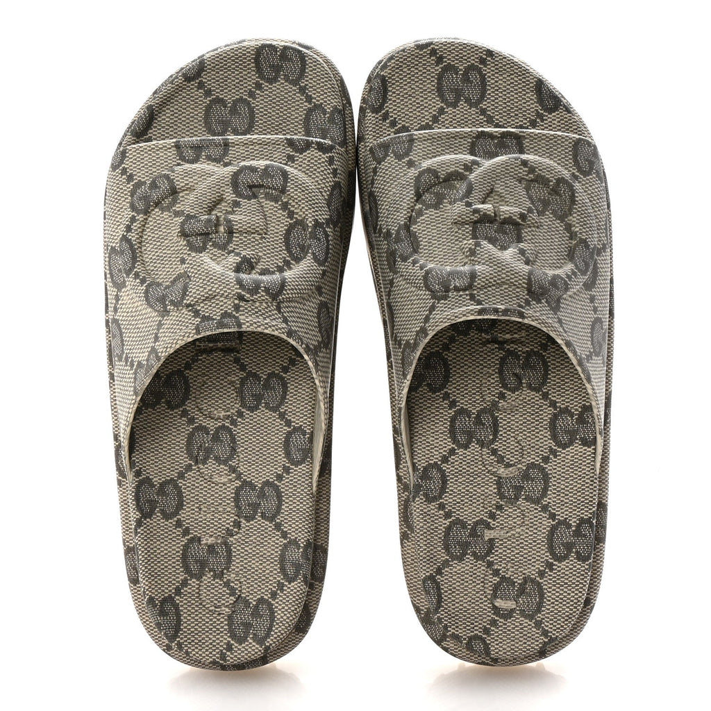 Cubic Rubber GG Monogram Womens Interlocking G Platform 42mm Slide Sandals 39 Beige Ebony