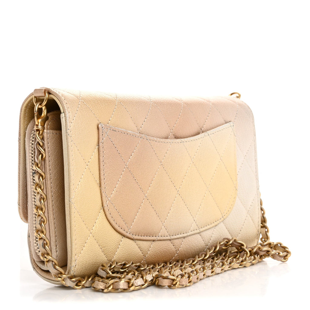 Metallic Goatskin Quilted Phone Holder Wallet on Removable Chain  Gold