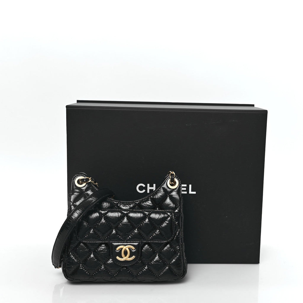 Shiny Crumpled Calfskin Quilted Small Wavy CC Hobo Black
