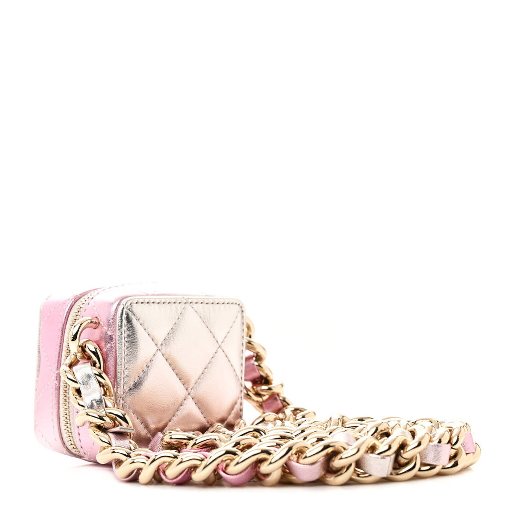 Gradient Metallic Lambskin Quilted Like A Wallet Clutch With Chain Gold Pink