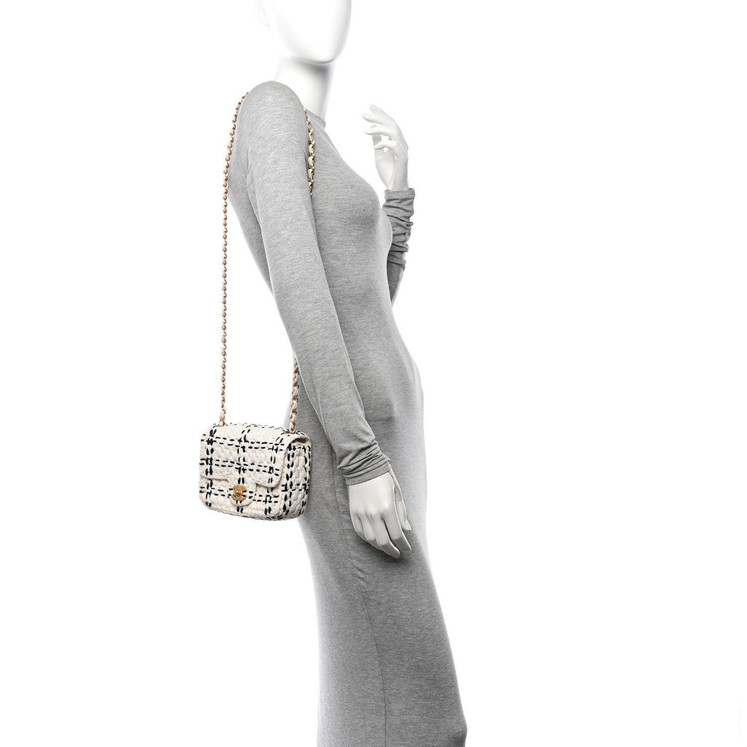 Raffia Effect Tweedy Mini Flap Bag White Black