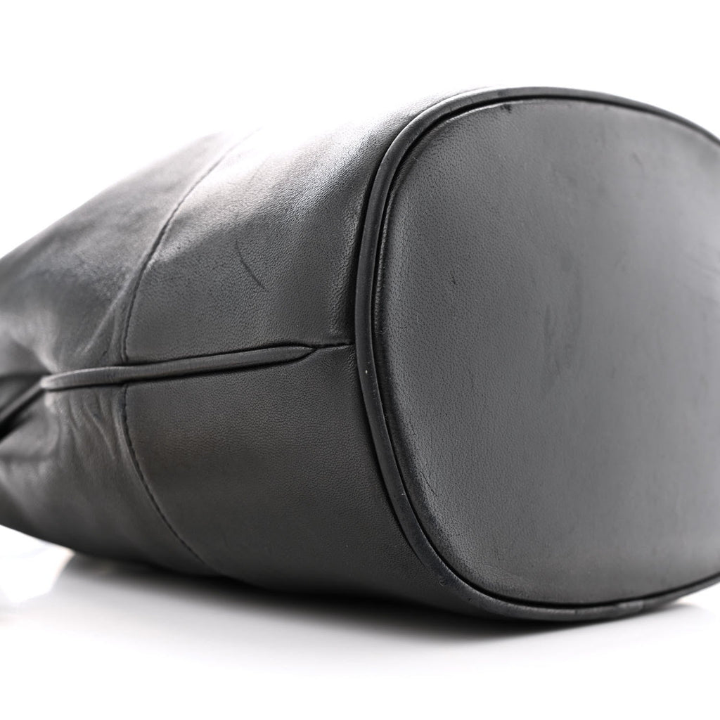 Lambskin CC Stitched Drawstring Bucket Bag Black