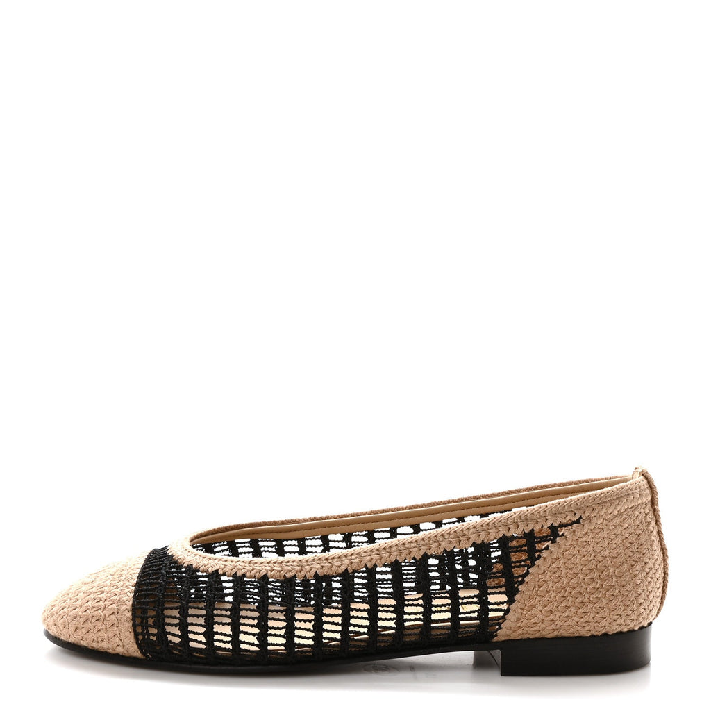 Raffia Cap Toe Ballerina Flats 37 Black Beige